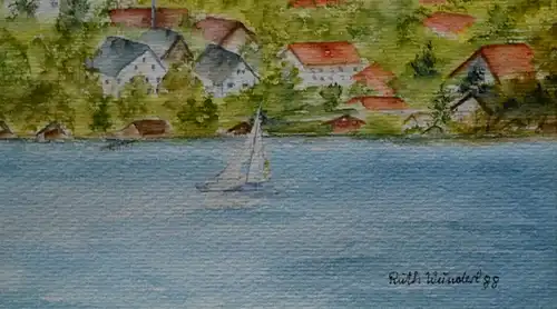 Aquarell, See mit Dorf und Kirche, Ruth Wunderl, 1988