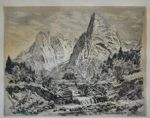 Lithografie, Ludwig Wöhner, Hohe Gabel bei Krimml, Alpenlandschaft, etwa 1920