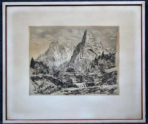 Lithografie, Ludwig Wöhner, Hohe Gabel bei Krimml, Alpenlandschaft, etwa 1920