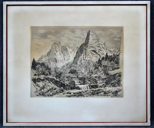 Lithografie, Ludwig Wöhner, Hohe Gabel bei Krimml, Alpenlandschaft, etwa 1920