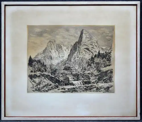 Lithografie, Ludwig Wöhner, Hohe Gabel bei Krimml, Alpenlandschaft, etwa 1920