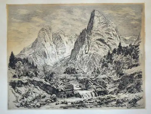 Lithografie, Ludwig Wöhner, Hohe Gabel bei Krimml, Alpenlandschaft, etwa 1920