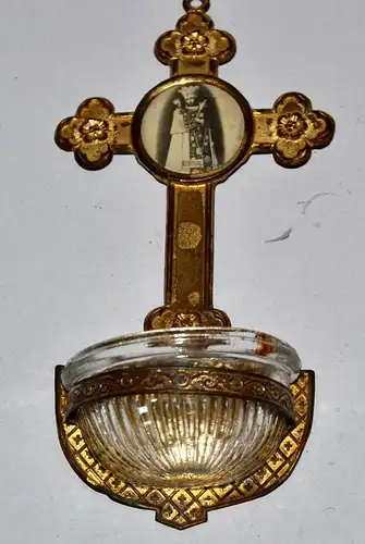Kl. Kreuz mit Weihwasserkessel,Metall u.Glas,Souvenir a. Altötting,Ende 19.Jhdt