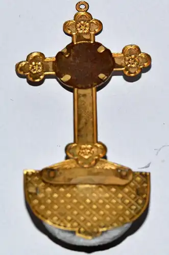 Kl. Kreuz mit Weihwasserkessel,Metall u.Glas,Souvenir a. Altötting,Ende 19.Jhdt