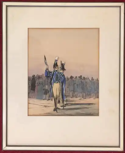 Handcolorierte Lithographie „Wachtmeister, Hauptmann und Capitain des Gardes.."