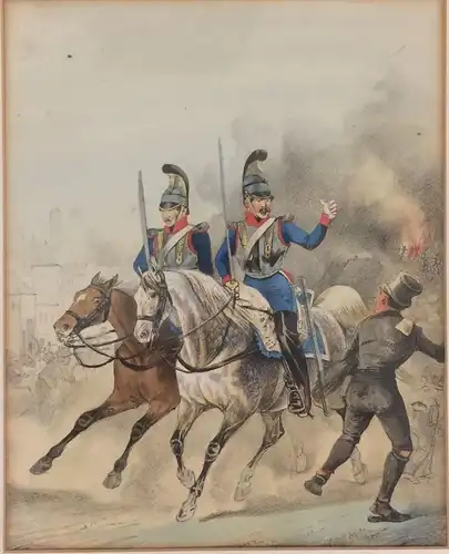 Handcolorierte Lithographie Bayerische Uniformen 19. Jahrhundert, „Cuirassier ..