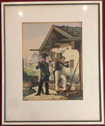 Handcolorierte Lithographie  „Gendarmen zu  Fuß“, im Passepartout gerahmt