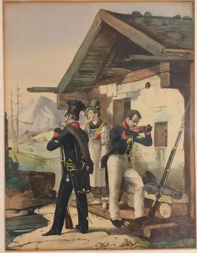 Handcolorierte Lithographie  „Gendarmen zu  Fuß“, im Passepartout gerahmt