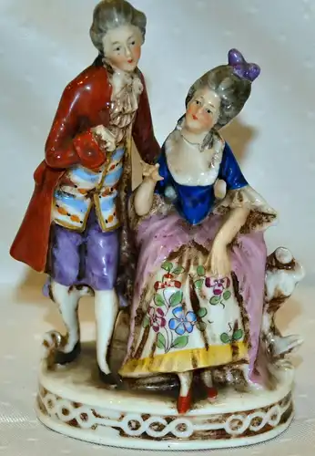 Porzellanfigur,Rokoko Pärchen,polychrom,um 1900,Hand+Kopf beschädigt,Thüringen
