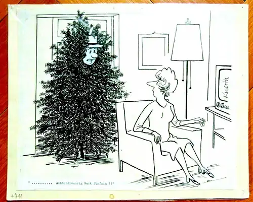 Original-Tuschezeichnung – Cartoon  Alexander Knuth, 1950er Jahre,Weihnachten