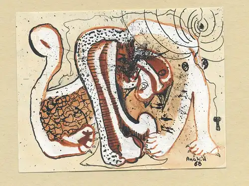 Tempera+Tusche,SurrealismusThe two animals,woman u. cat,sign.Anahid 68, Libanon