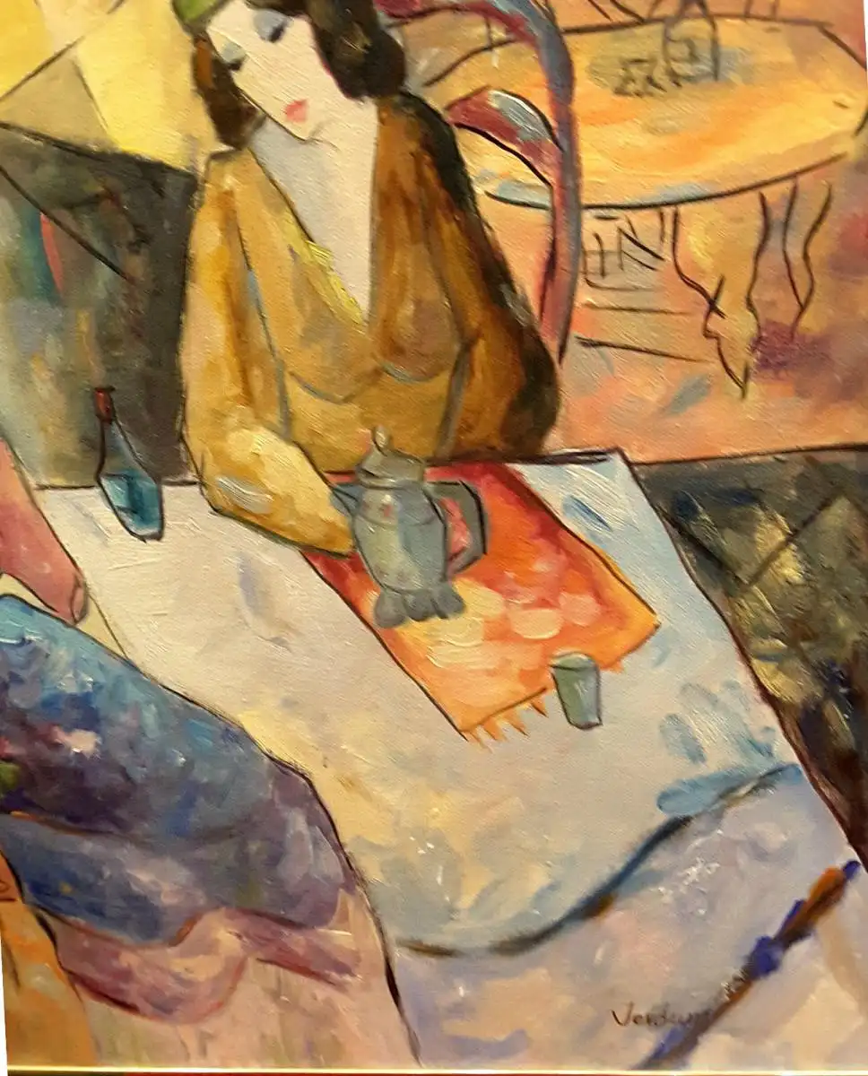 Gemälde Öl a.Spanplatte,2 Frauen im Cafe,signiert Verdum,gerahmt, 20. Jhdt