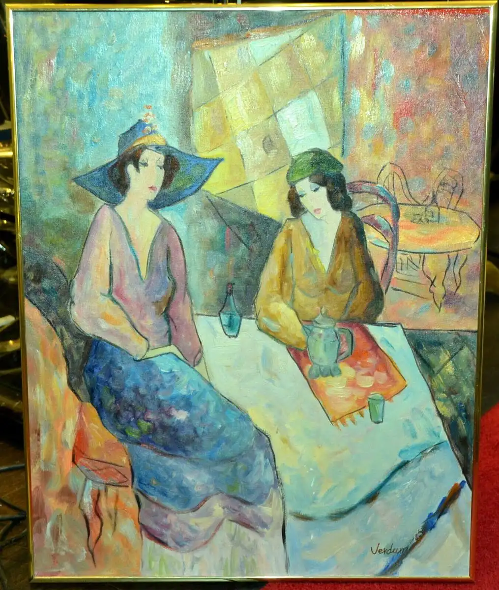 Gemälde Öl a.Spanplatte,2 Frauen im Cafe,signiert Verdum,gerahmt, 20. Jhdt