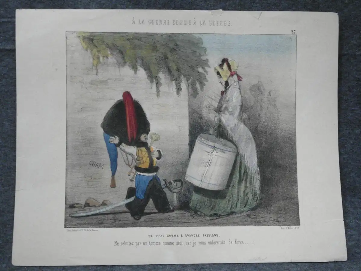 Kupferstich, altkoloriert, CHAM, A la Guerre comme a la Guerre, etwa 1840