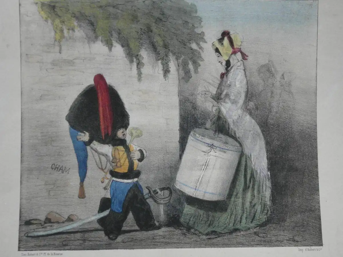 Kupferstich, altkoloriert, CHAM, A la Guerre comme a la Guerre, etwa 1840