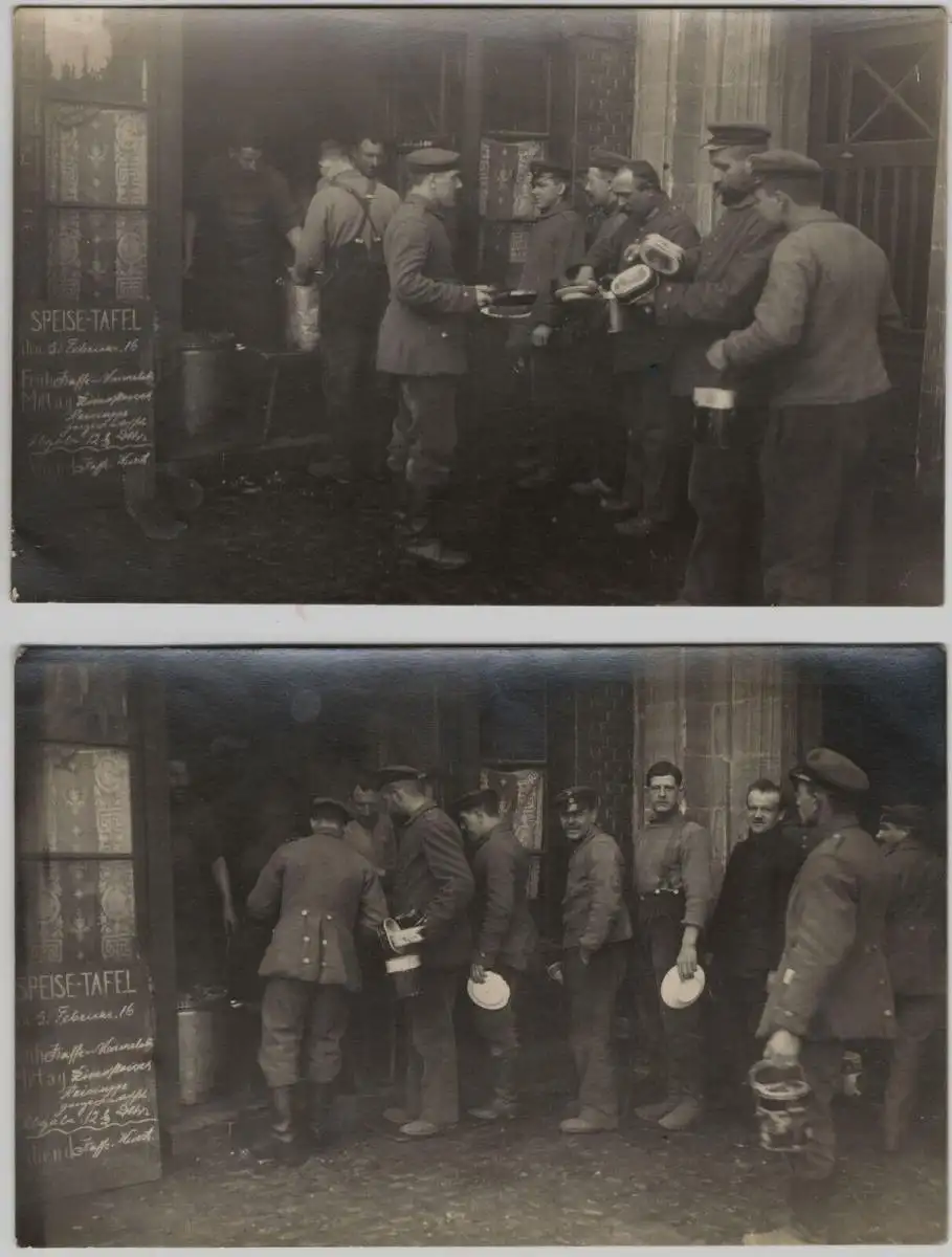 Zwei Photographien 1. Weltkrieg: Soldaten beim Essen fassen in Valenciennes