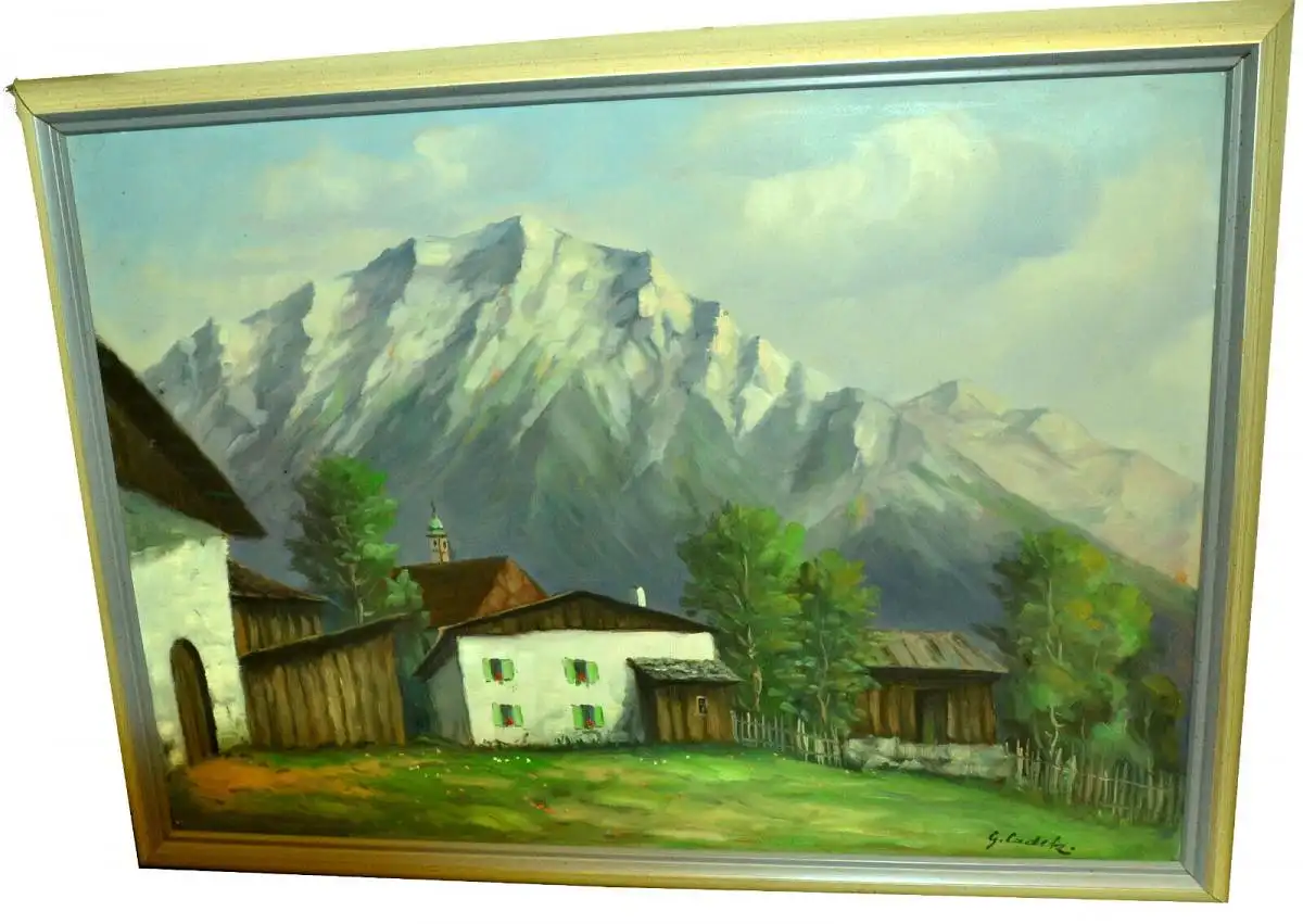 Gemälde Öl a.Platte,Bauernhof vor Alpenmassiv,sign.: G.Cadek,gerahmt