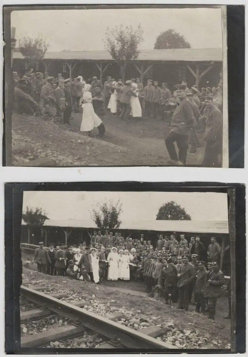Zwei Original-Photographien 1. Weltkrieg: Gruppe v Soldaten und Sanitätspersonen