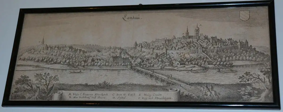 Kupferstich,Landau a.d. Isar,Merian um 1644,34,5 x 14 cm mit Rahmen