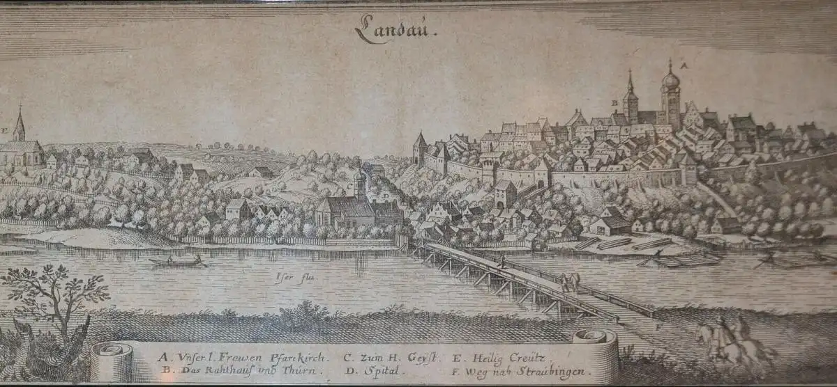 Kupferstich,Landau a.d. Isar,Merian um 1644,34,5 x 14 cm mit Rahmen
