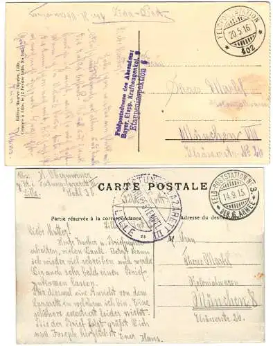Drei Ansichtskarten aus Lille, Feldpostkarten 1. Weltkrieg 1915 und 1916