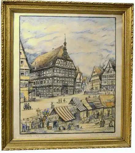 Marktplatz von Markgrönigen,1934,kolorierte Lithografie, signiert,gerahmt,