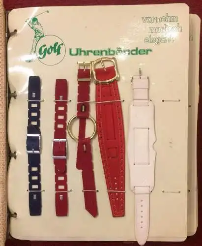 Mustermappe der Firma Golf UHRENARMBÄNDER mit 66 Armbändern, 1950er Jahre