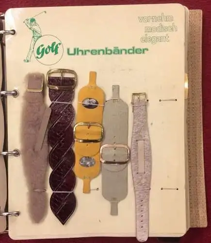 Mustermappe der Firma Golf UHRENARMBÄNDER mit 66 Armbändern, 1950er Jahre