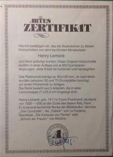 5 colorierte Holzschnitte von Henry Lemarié, gerahmt im Passepartout unter Glas