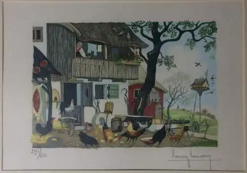 5 colorierte Holzschnitte von Henry Lemarié, gerahmt im Passepartout unter Glas