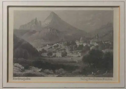 Vier Stahlstiche mit Ansichten Oberbayern/Salzburg, gerahmt, unter Glas, ca 1880