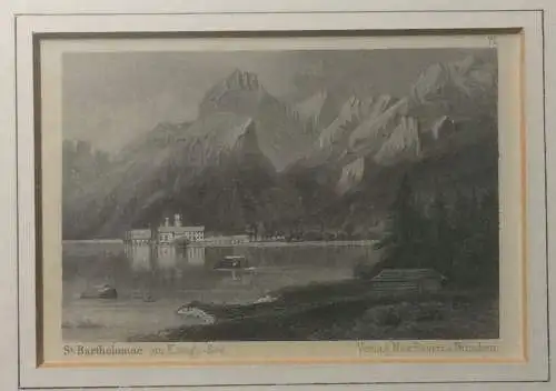 Vier Stahlstiche mit Ansichten Oberbayern/Salzburg, gerahmt, unter Glas, ca 1880