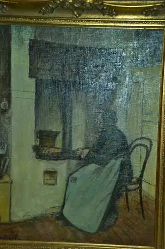 Gemälde,Öl a.Leinwand,alte Frau am offenen Herdfeuer,19.Jhdt,signiertund gerahmt