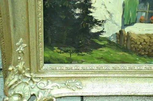 Gemälde,Öl a.Platte,alpenl. Gebirgslandschaft,sig.Walter Janotta, München,gerahm