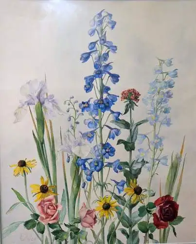 Aquarell, Blumen,Rittersporn,Rosen,etc. im Passepartout, gerahmt,bez. E.L,1937