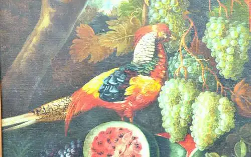 Gemälde, Öl auf Leinwand,Stilleben, Paradiesvogel und Früchte,Barockstil,gerahmt