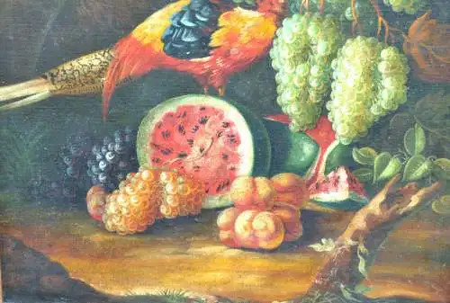 Gemälde, Öl auf Leinwand,Stilleben, Paradiesvogel und Früchte,Barockstil,gerahmt