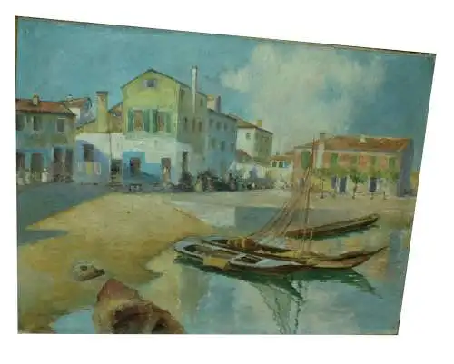 Gemälde,Öl auf Leinwand,Ansicht eines südlichen Fischerdorfes,gerahmt,unsigniert