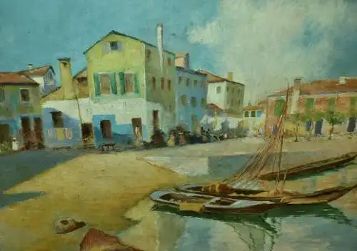 Gemälde,Öl auf Leinwand,Ansicht eines südlichen Fischerdorfes,gerahmt,unsigniert