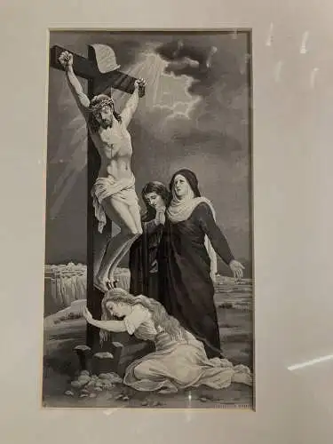 Farblithografie auf Seide,gekreuzigter Jesus, um 1910, Darstellung 19 x 36 cm