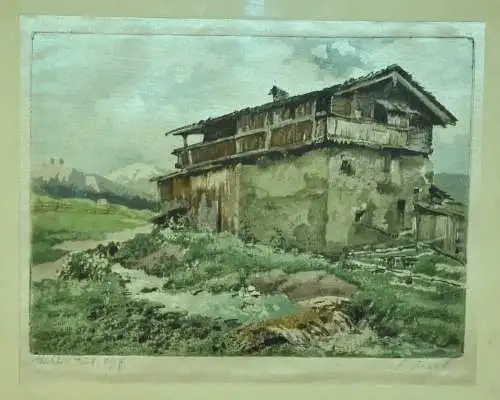 Original Farbradierung auf Seidenstoff,Mittenwald,signiert K.Tucek,1889-1952