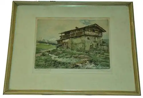 Original Farbradierung auf Seidenstoff,Mittenwald,signiert K.Tucek,1889-1952