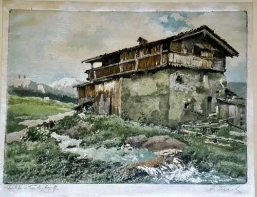 Original Farbradierung auf Seidenstoff,Mittenwald,signiert K.Tucek,1889-1952