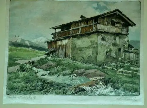 Original Farbradierung auf Seidenstoff,Mittenwald,signiert K.Tucek,1889-1952