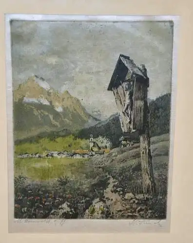 Original Farbradierung auf Seidenstoff,Mittenwald,signiert K.Tucek 1889-1952