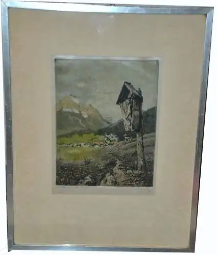 Original Farbradierung auf Seidenstoff,Mittenwald,signiert K.Tucek 1889-1952