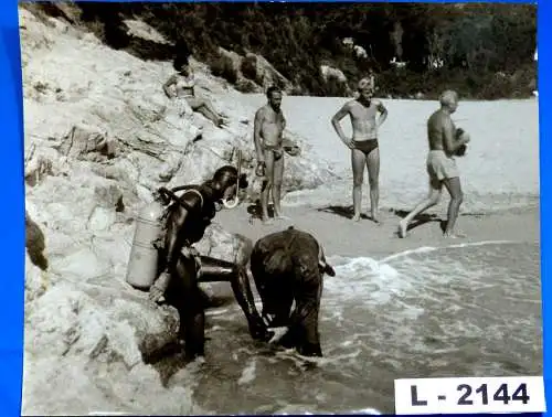 Fotografie, Taucher am Strand, etwa 1960