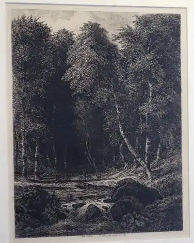 Radierung Carl Wagner, 1854, Im Wald, gerahmt, verglast, in Platte signiert