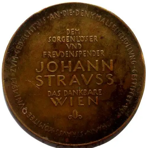 Medaille aus Kupfer zur Enthüllung des Johann-Strauss-Denkmals in Wien 1921