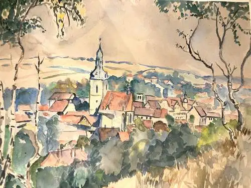 Aquarell, Stadt in Ostdeutschland,Monogram.J S  ! Kl. Beschädigung .d. Bildmitte